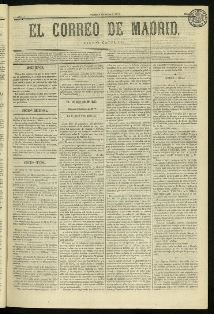 Miniatura de El Correo de Madrid : diario católico del 8 de enero de 1875, nº 83