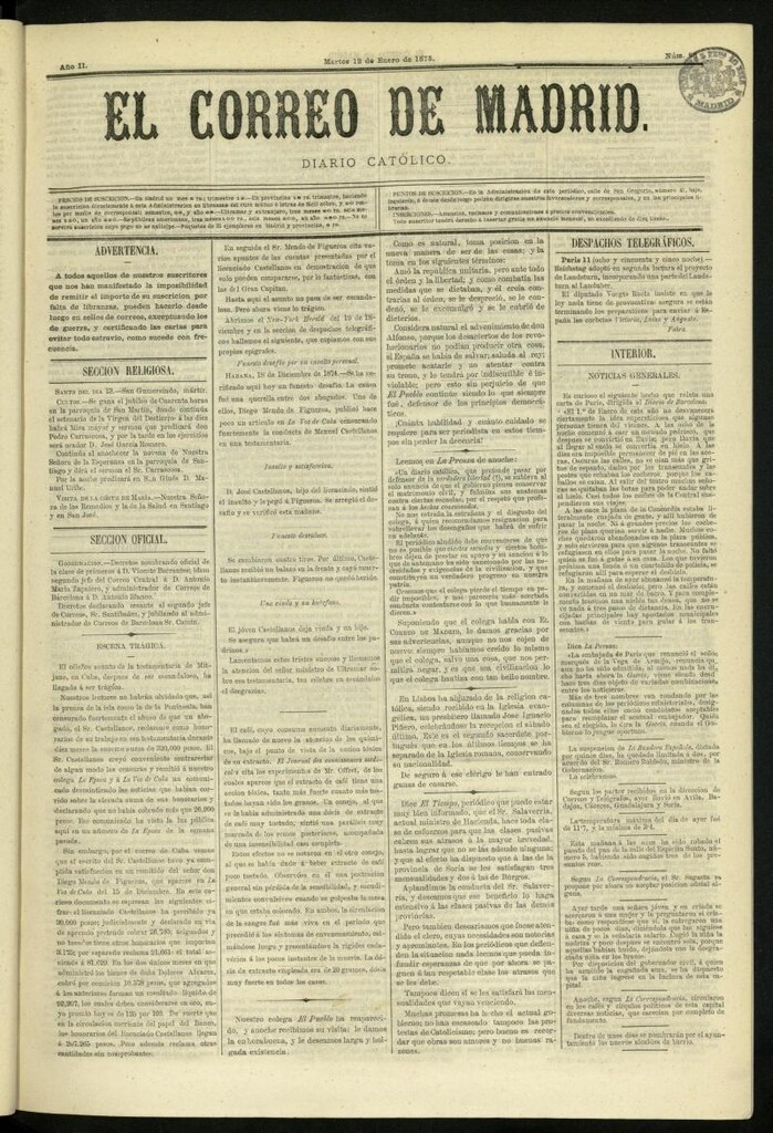 Miniatura de El Correo de Madrid : diario católico del 12 de enero de 1875, nº 86