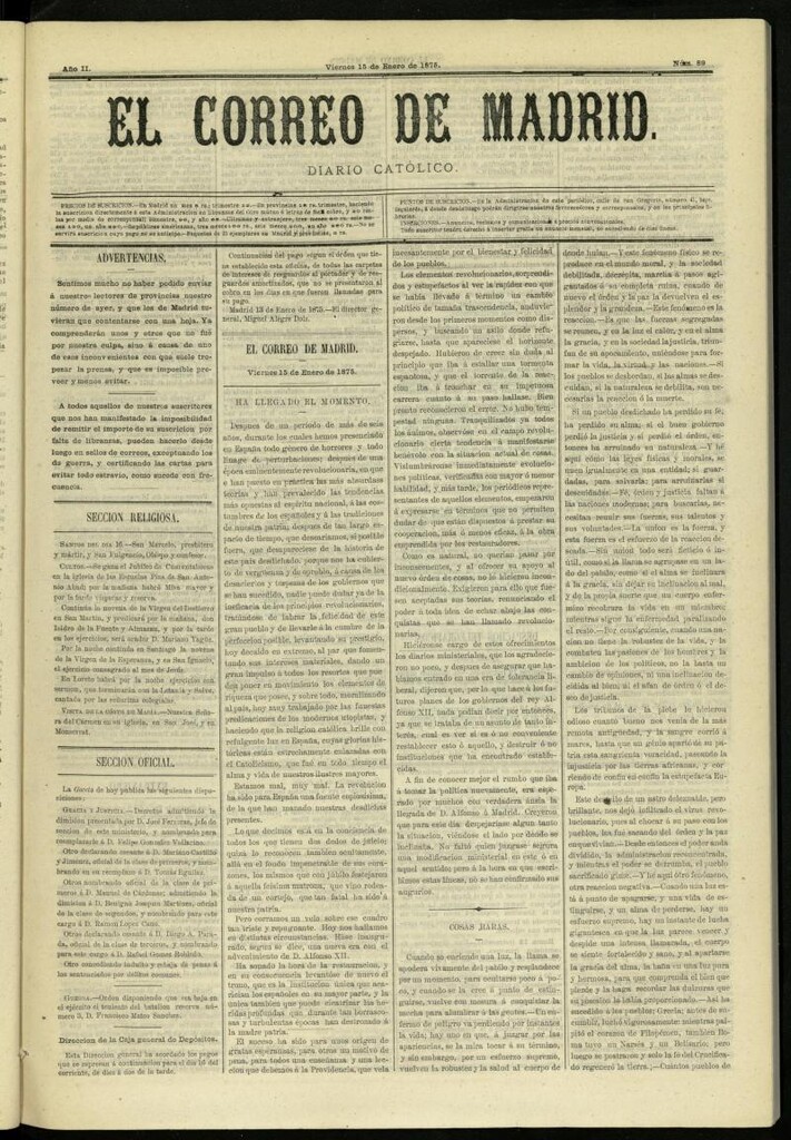Miniatura de El Correo de Madrid : diario católico del 15 de enero de 1875, nº 89
