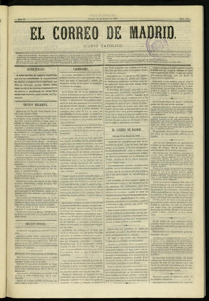Miniatura de El Correo de Madrid : diario católico del 16 de enero de 1875, nº 90