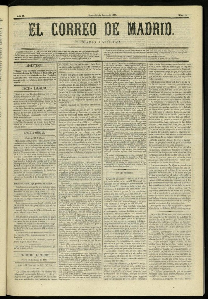 Miniatura de El Correo de Madrid : diario católico del 18 de enero de 1875, nº 91