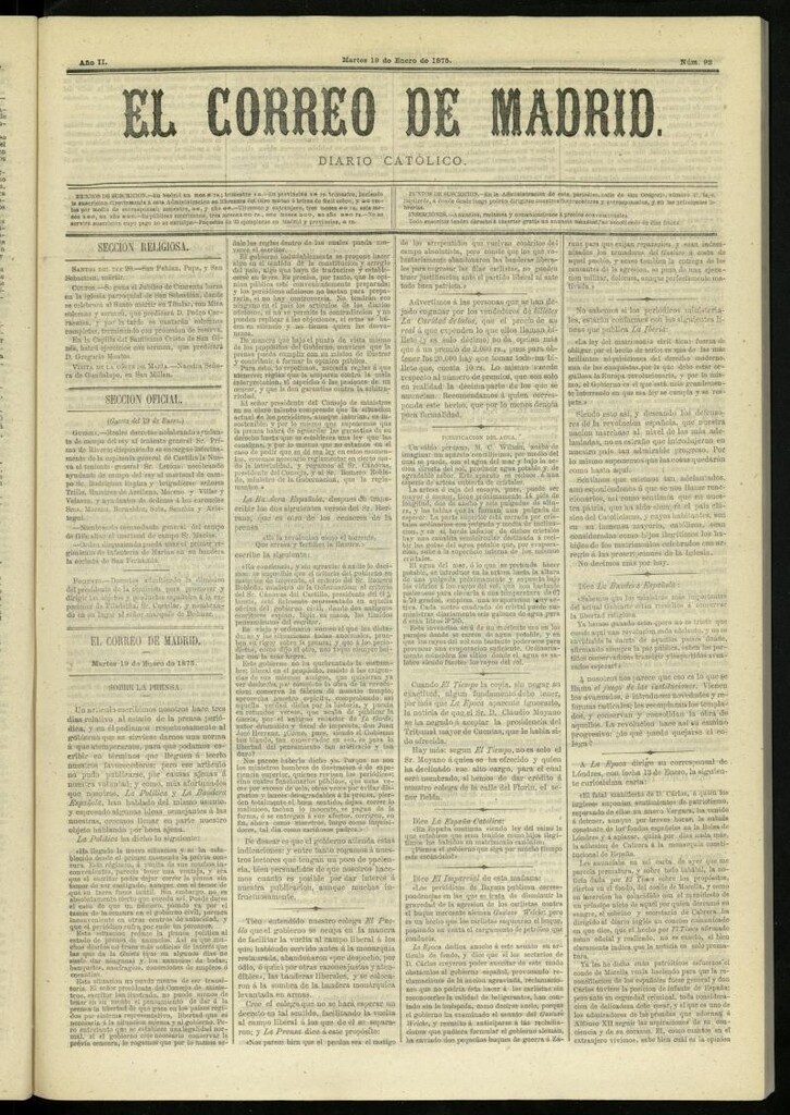 Miniatura de El Correo de Madrid : diario católico del 19 de enero de 1875, nº 92