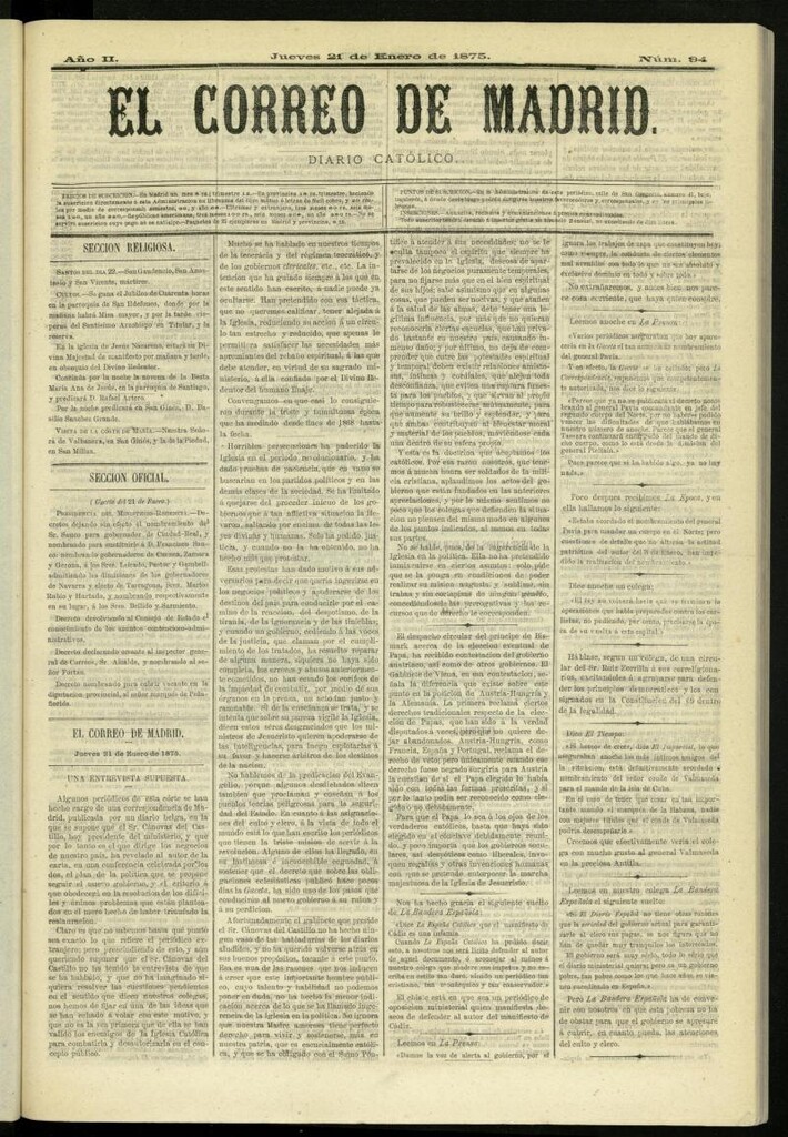 Miniatura de El Correo de Madrid : diario católico del 21 de enero de 1875, nº 94