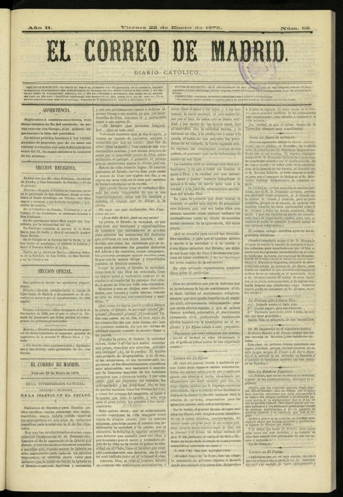 Miniatura de El Correo de Madrid : diario católico del 22 de enero de 1875, nº 95