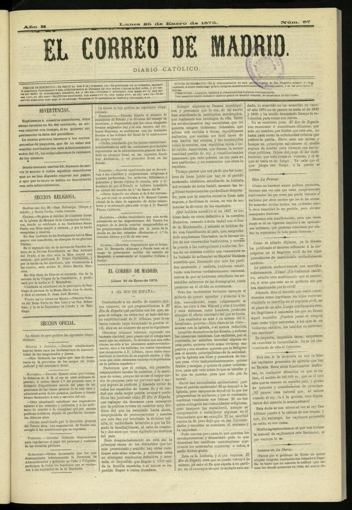 Miniatura de El Correo de Madrid : diario católico del 25 de enero de 1875, nº 97