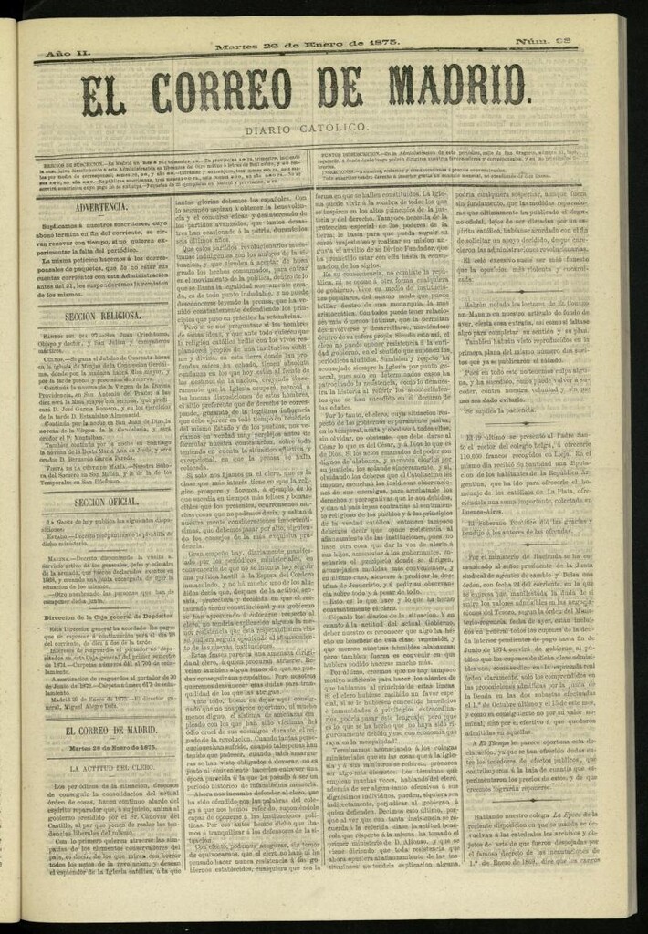 Miniatura de El Correo de Madrid : diario católico del 26 de enero de 1875, nº 98