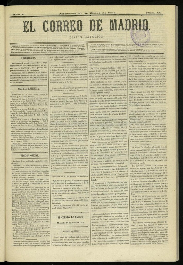 Miniatura de El Correo de Madrid : diario católico del 27 de enero de 1875, nº 99