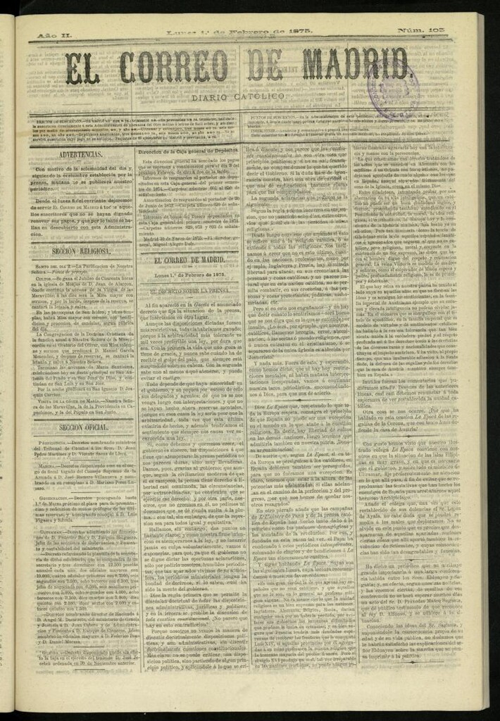 Miniatura de El Correo de Madrid : diario católico del 1 de febrero de 1875, nº 103