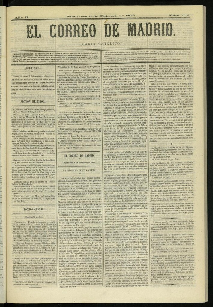 Miniatura de El Correo de Madrid : diario católico del 3 de febrero de 1875, nº 104