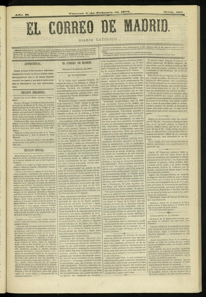 Miniatura de El Correo de Madrid : diario católico del 5 de febrero de 1875, nº 106
