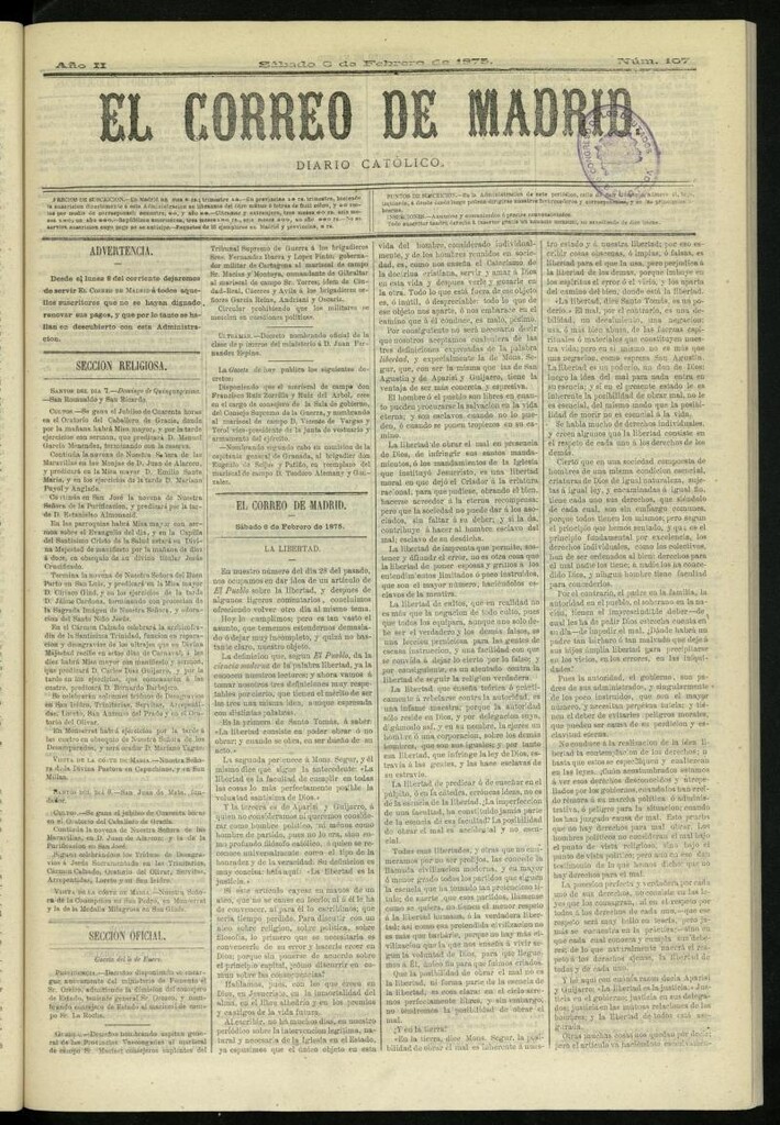 Miniatura de El Correo de Madrid : diario católico del 6 de febrero de 1875, nº 107