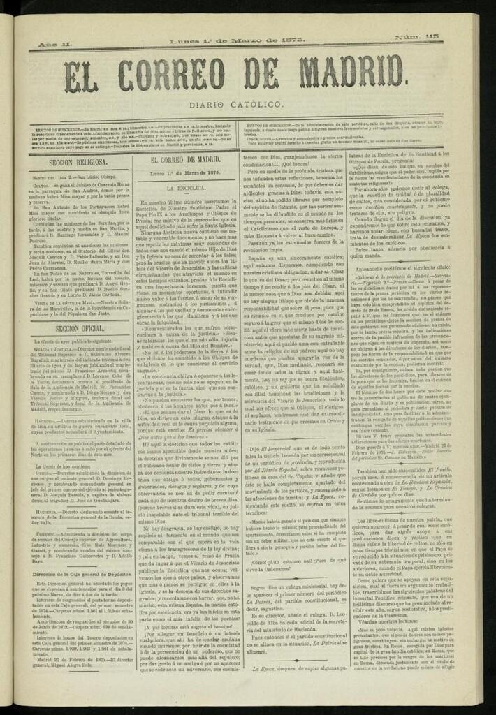 Miniatura de El Correo de Madrid : diario católico del 1 de marzo de 1875, nº 113