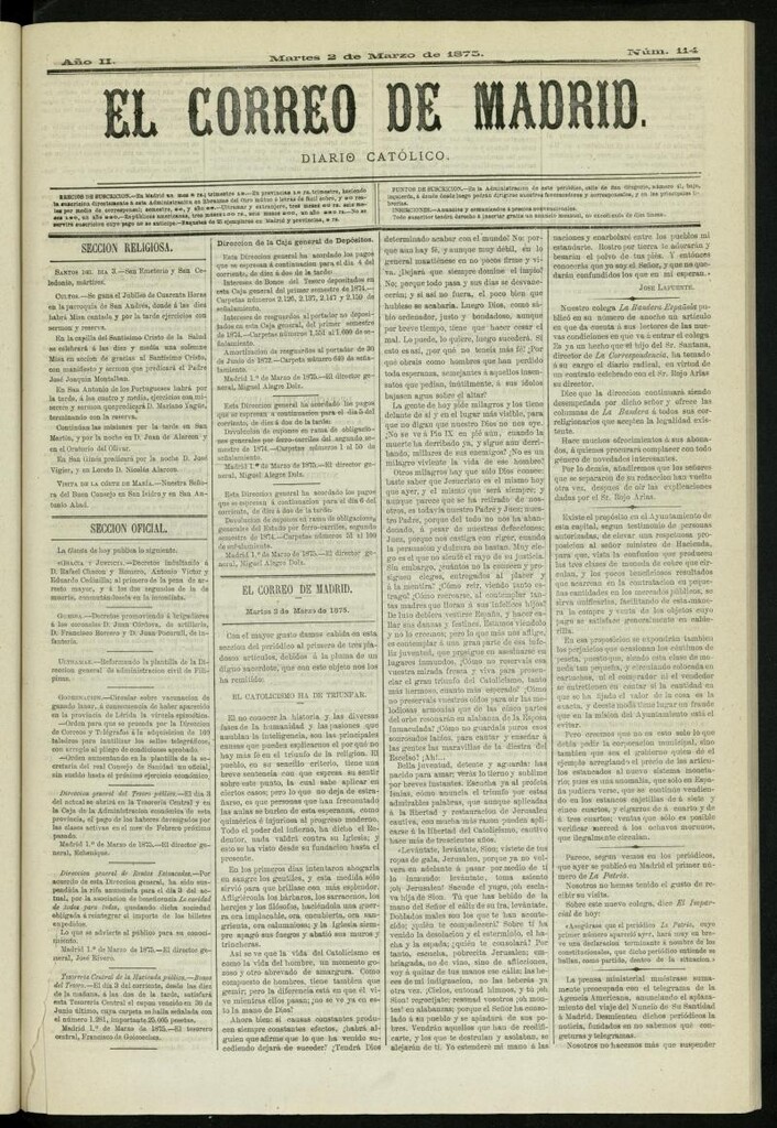 Miniatura de El Correo de Madrid : diario católico del 2 de marzo de 1875, nº 114
