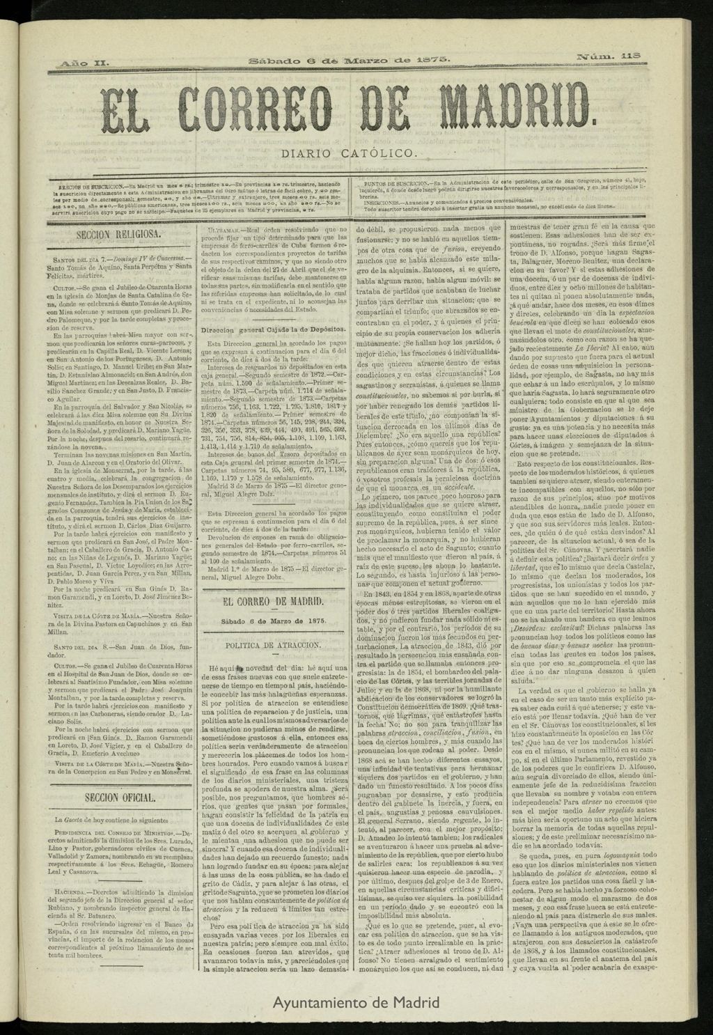 Miniatura de El Correo de Madrid : diario católico del 6 de marzo de 1875, nº 118