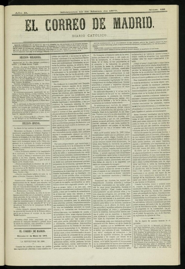 Miniatura de El Correo de Madrid : diario católico del 10 de marzo de 1875, nº 121