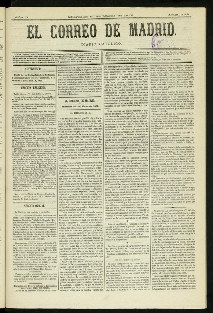 Miniatura de El Correo de Madrid : diario católico del 17 de marzo de 1875, nº 128