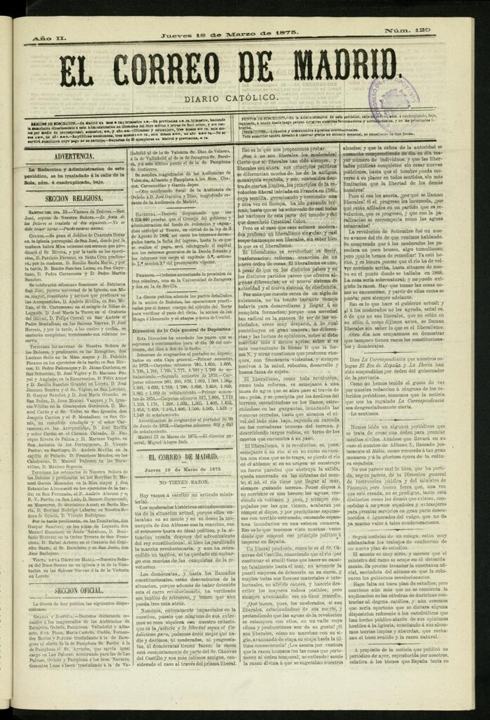Miniatura de El Correo de Madrid : diario católico del 18 de marzo de 1875, nº 129