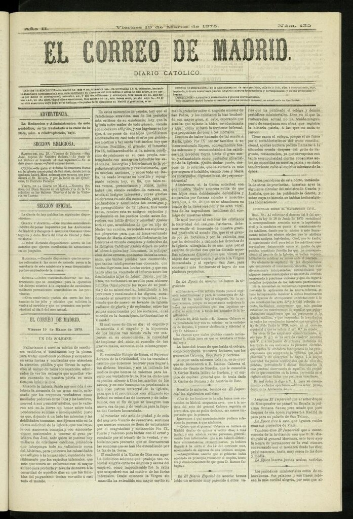 Miniatura de El Correo de Madrid : diario católico del 19 de marzo de 1875, nº 130
