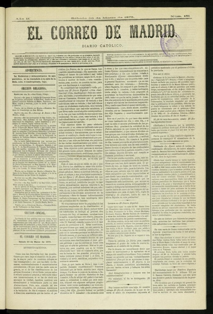 Miniatura de El Correo de Madrid : diario católico del 20 de marzo de 1875, nº 131