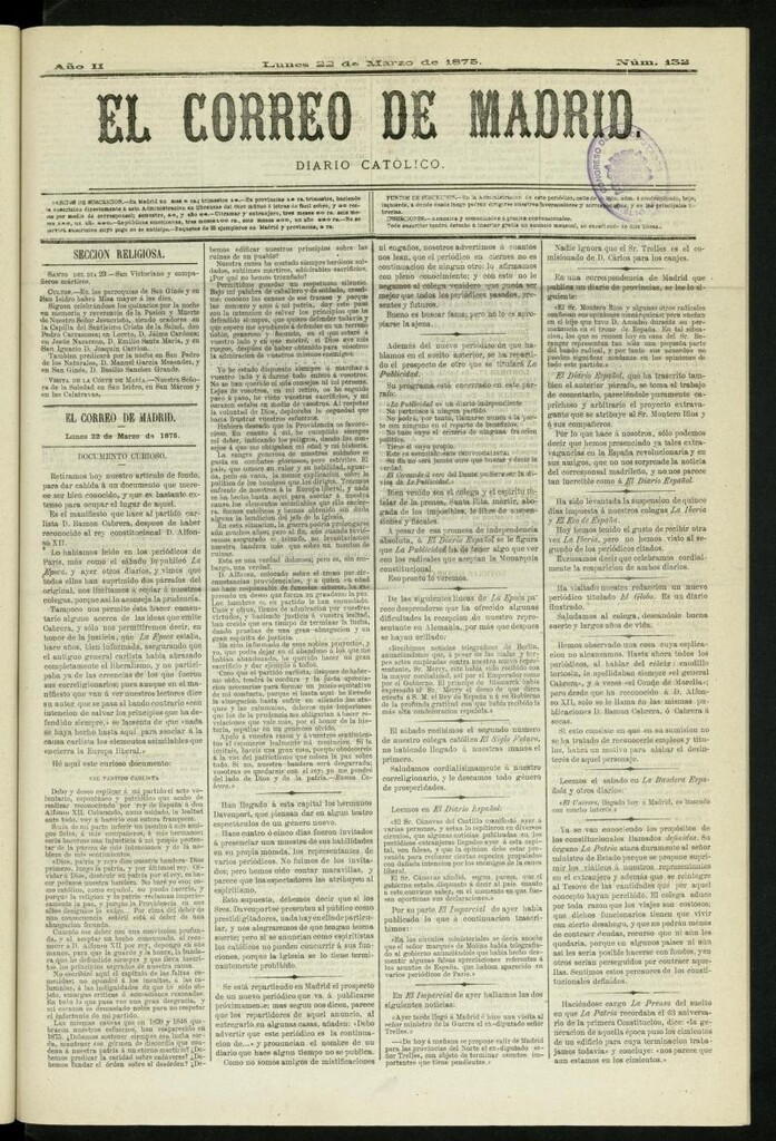 Miniatura de El Correo de Madrid : diario católico del 22 de marzo de 1875, nº 132