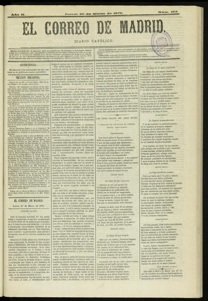 Miniatura de El Correo de Madrid : diario católico del 25 de marzo de 1875, nº 135