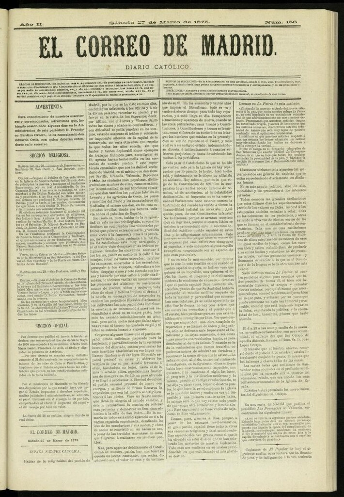 Miniatura de El Correo de Madrid : diario católico del 27 de marzo de 1875, nº 136