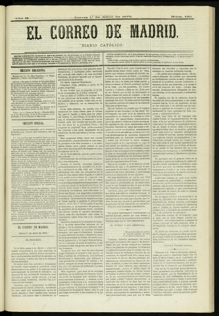 Miniatura de El Correo de Madrid : diario católico del 1 de abril de 1875, nº 140