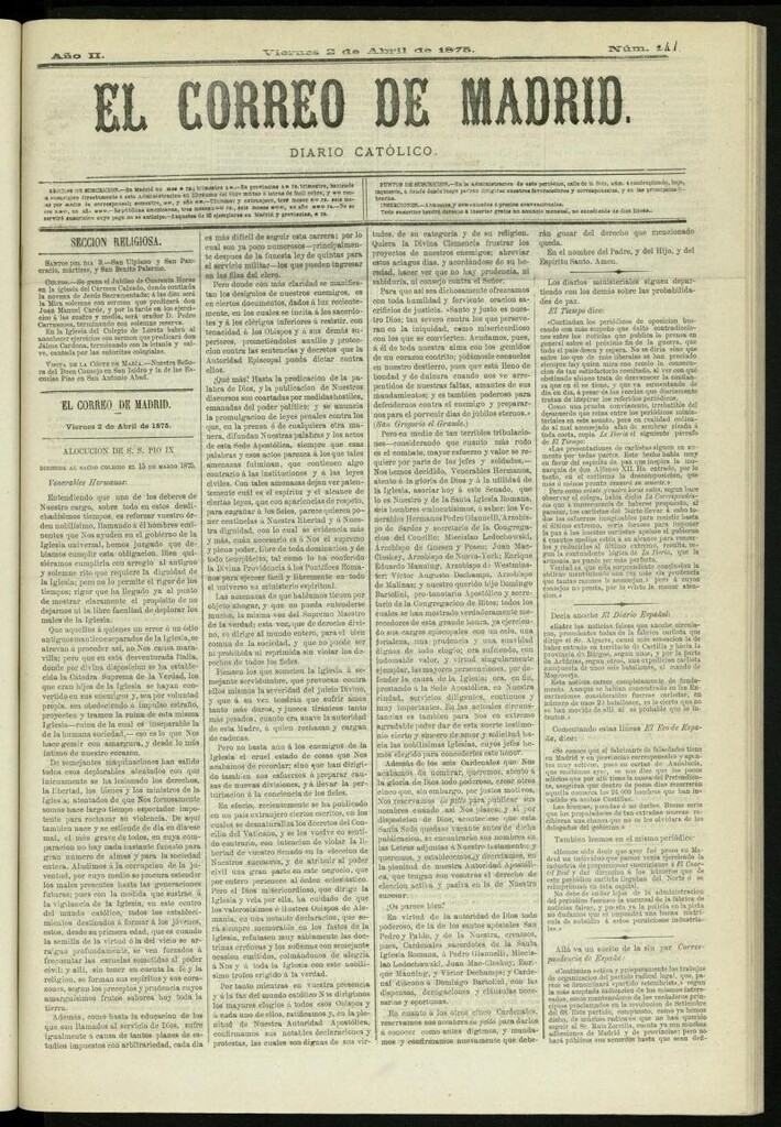 Miniatura de El Correo de Madrid : diario católico del 2 de abril de 1875, nº 141