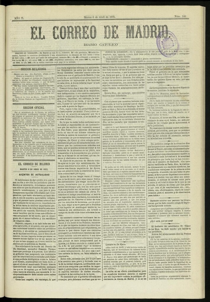 Miniatura de El Correo de Madrid : diario católico del 6 de abril de 1875, nº 144