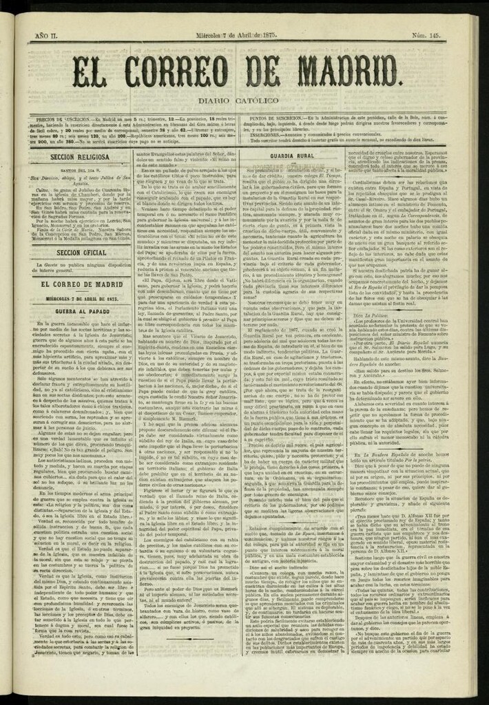 Miniatura de El Correo de Madrid : diario católico del 7 de abril de 1875, nº 145