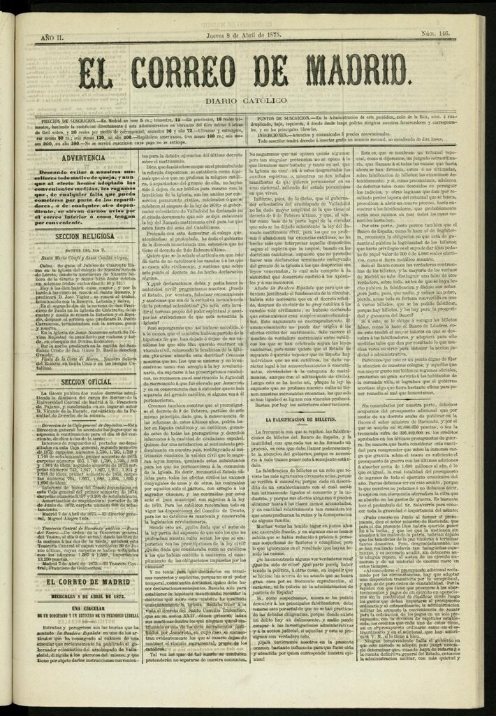 Miniatura de El Correo de Madrid : diario católico del 8 de abril de 1875, nº 146