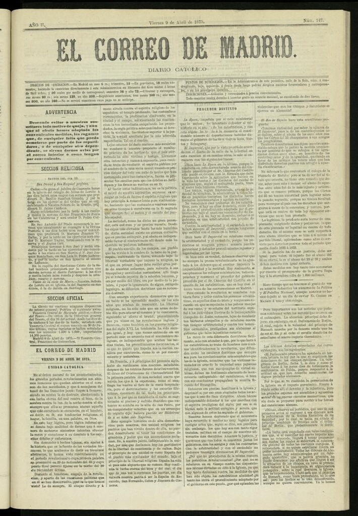 Miniatura de El Correo de Madrid : diario católico del 9 de abril de 1875, nº 147