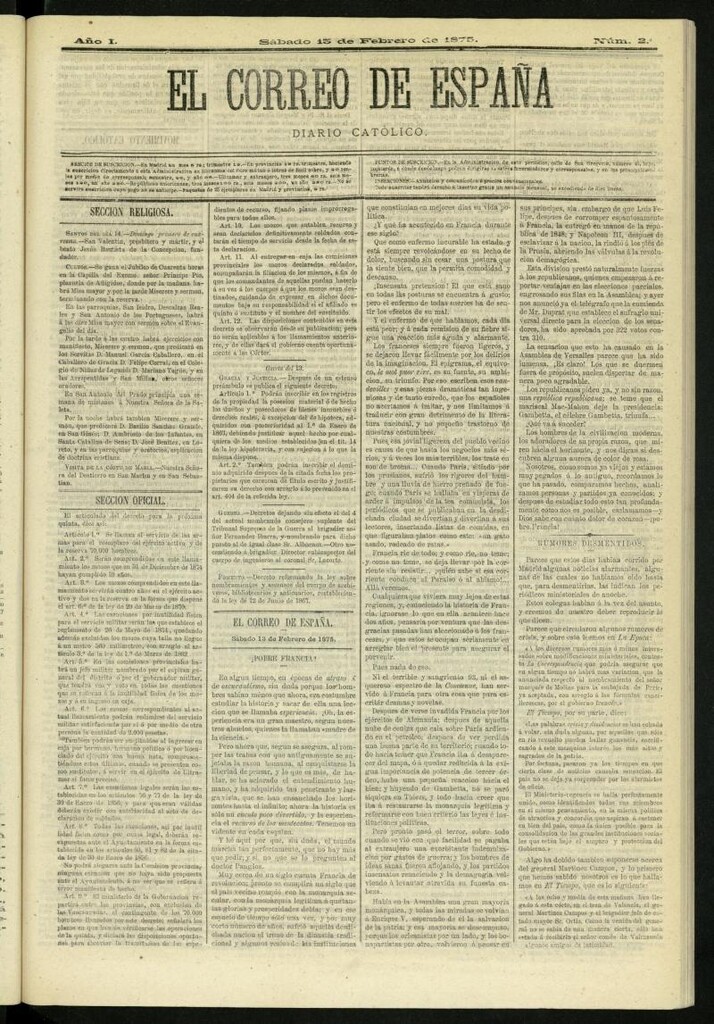 Miniatura de El Correo de España : diario católico del 13 de febrero de 1875, nº 2