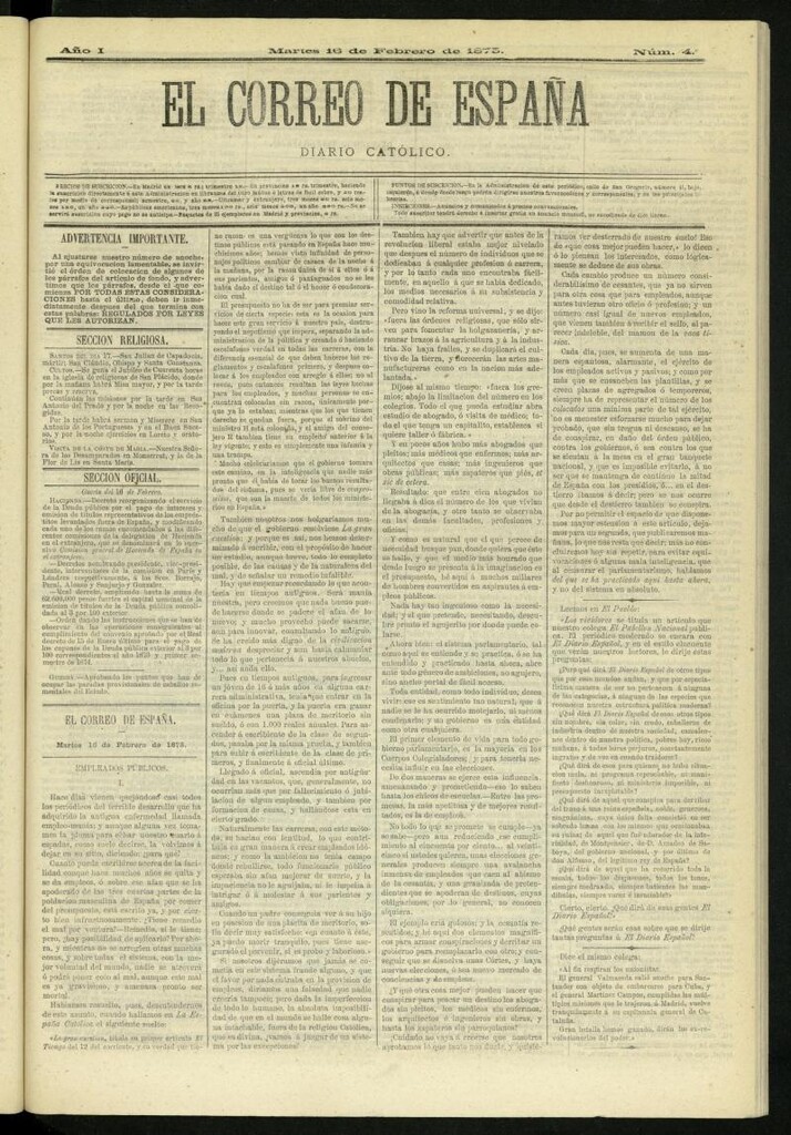 Miniatura de El Correo de España : diario católico del 16 de febrero de 1875, nº 4