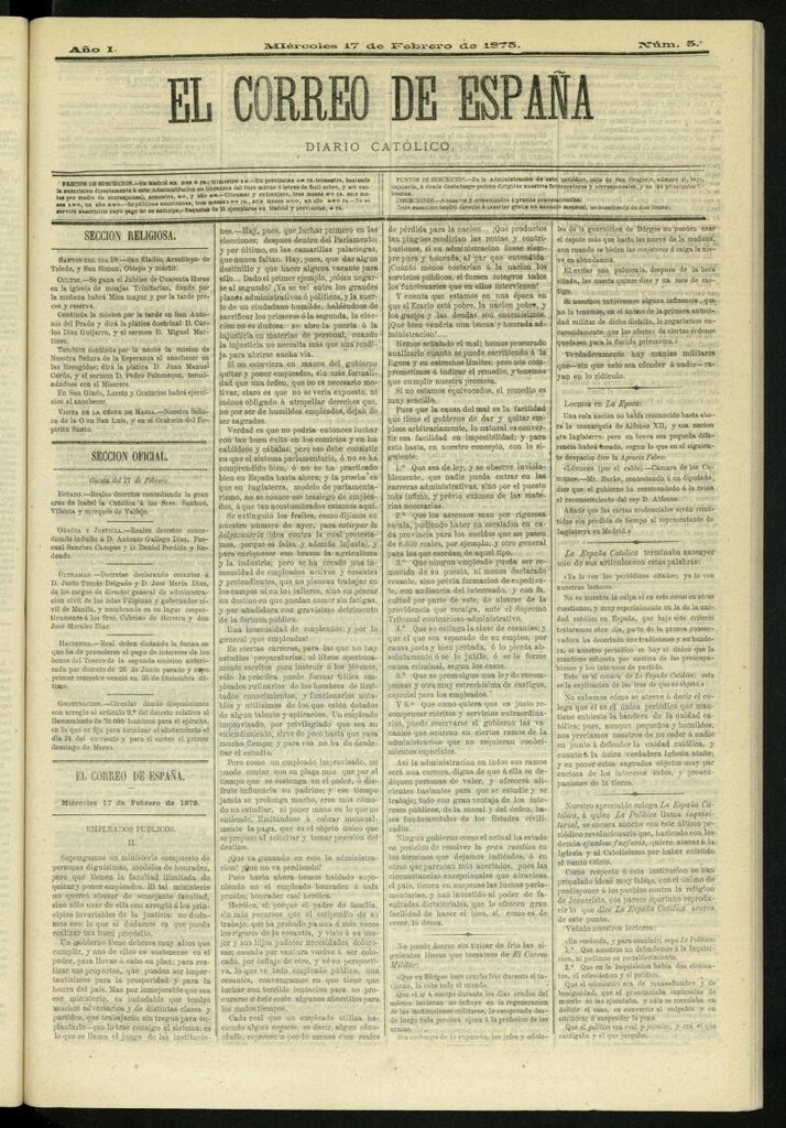 Miniatura de El Correo de España : diario católico del 17 de febrero de 1875, nº 5