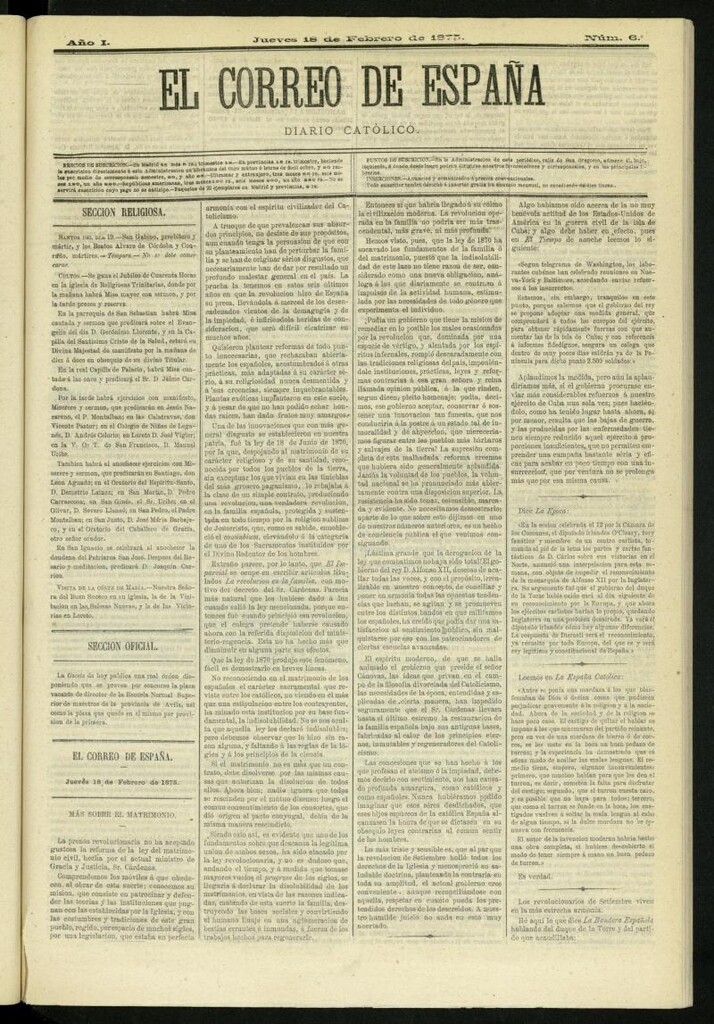 Miniatura de El Correo de España : diario católico del 18 de febrero de 1875, nº 6
