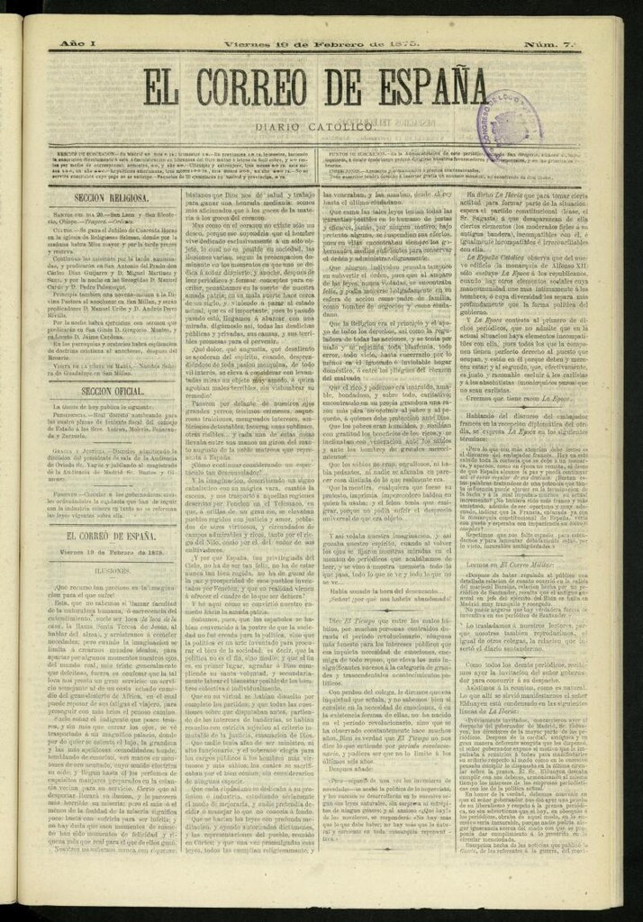 Miniatura de El Correo de España : diario católico del 19 de febrero de 1875, nº 7
