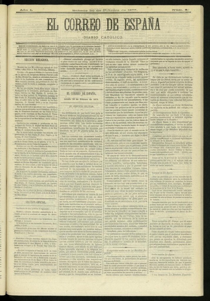 Miniatura de El Correo de España : diario católico del 20 de febrero de 1875, nº 8