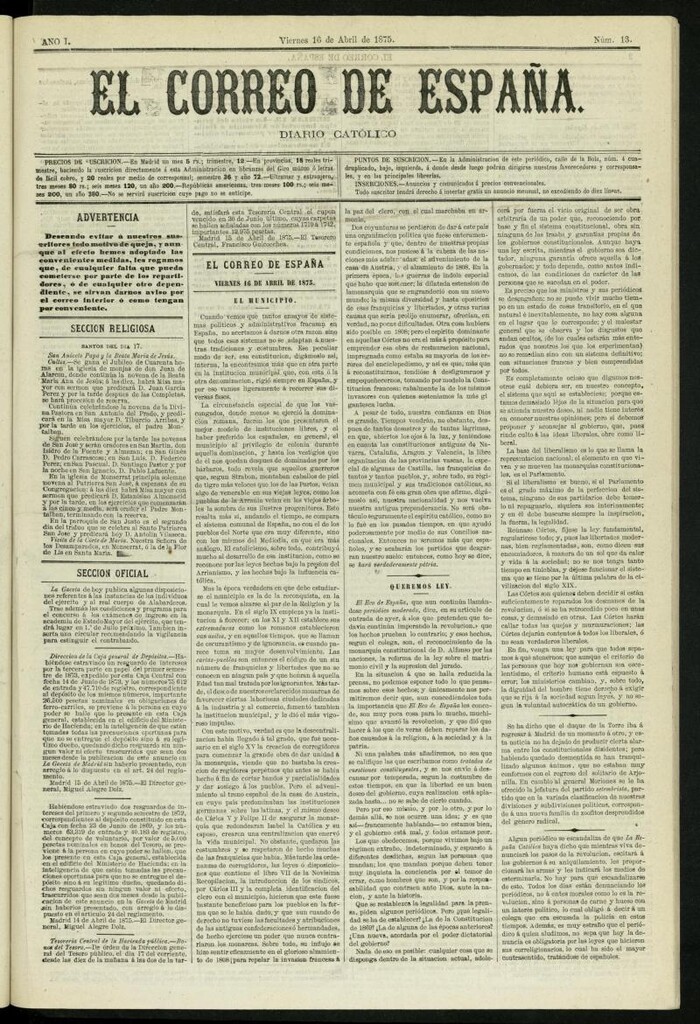 Miniatura de El Correo de España : diario católico del 16 de abril de 1875, nº 13
