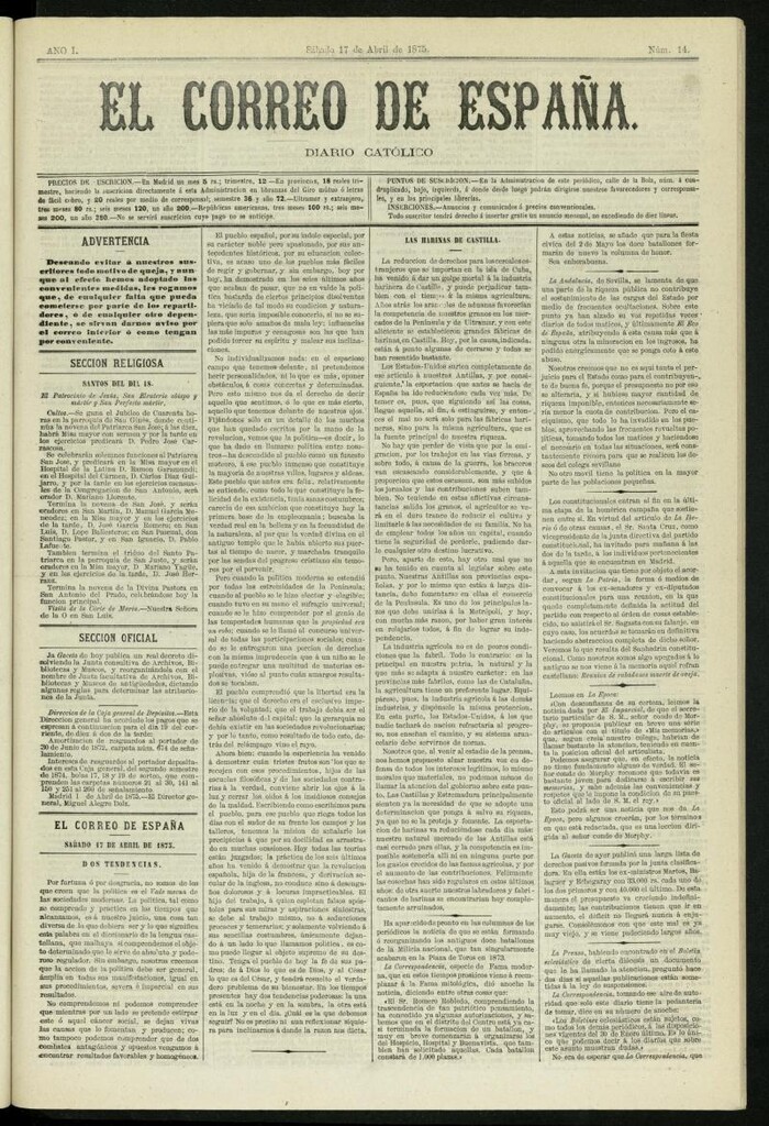 Miniatura de El Correo de España : diario católico del 17 de abril de 1875, nº 14