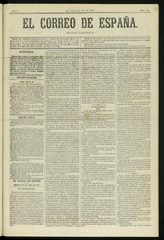 Miniatura de El Correo de España : diario católico del 21 de abril de 1875, nº 17