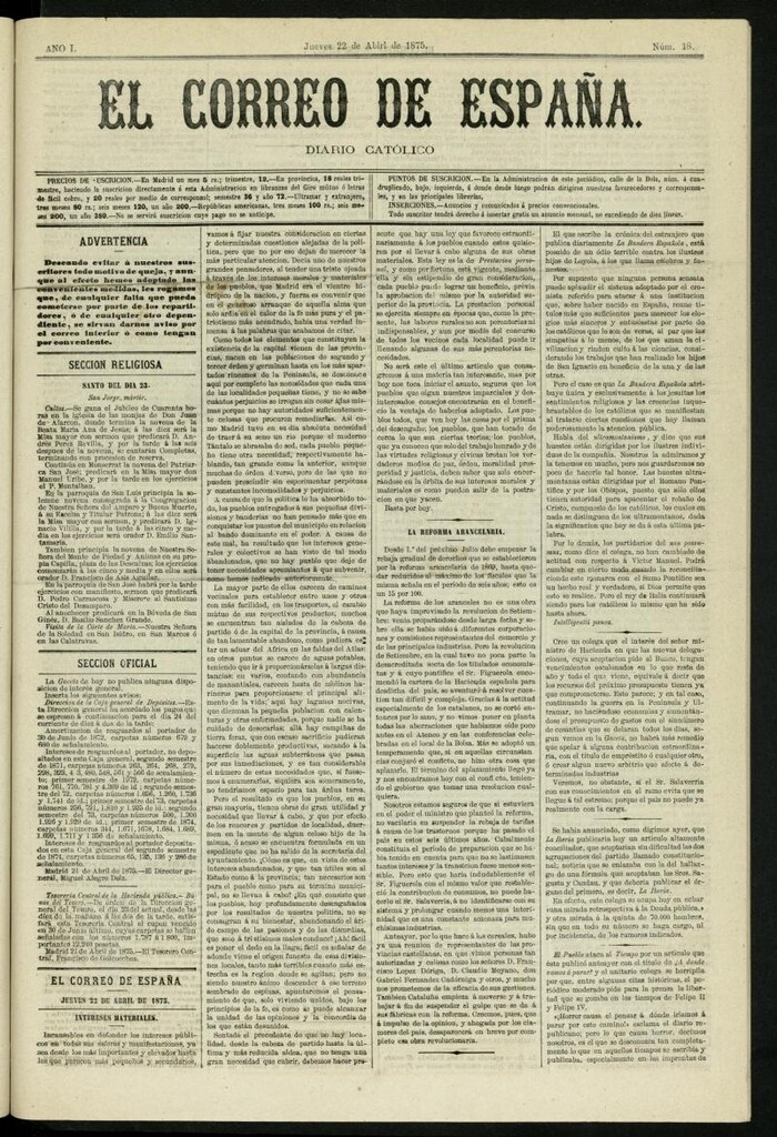 Miniatura de El Correo de España : diario católico del 22 de abril de 1875, nº 18