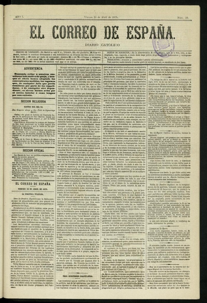 Miniatura de El Correo de España : diario católico del 23 de abril de 1875, nº 19