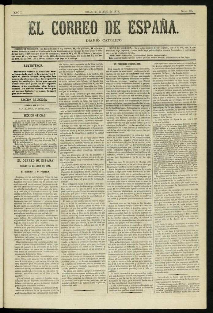 Miniatura de El Correo de España : diario católico del 24 de abril de 1875, nº 20