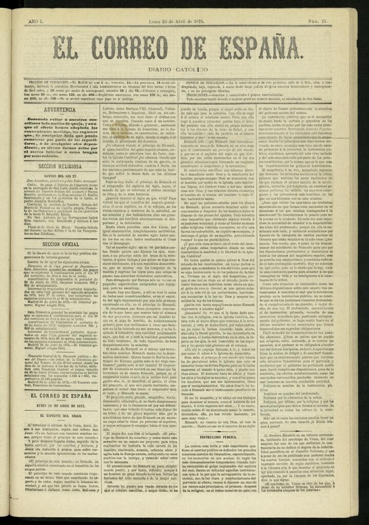 Miniatura de El Correo de España : diario católico del 26 de abril de 1875, nº 21