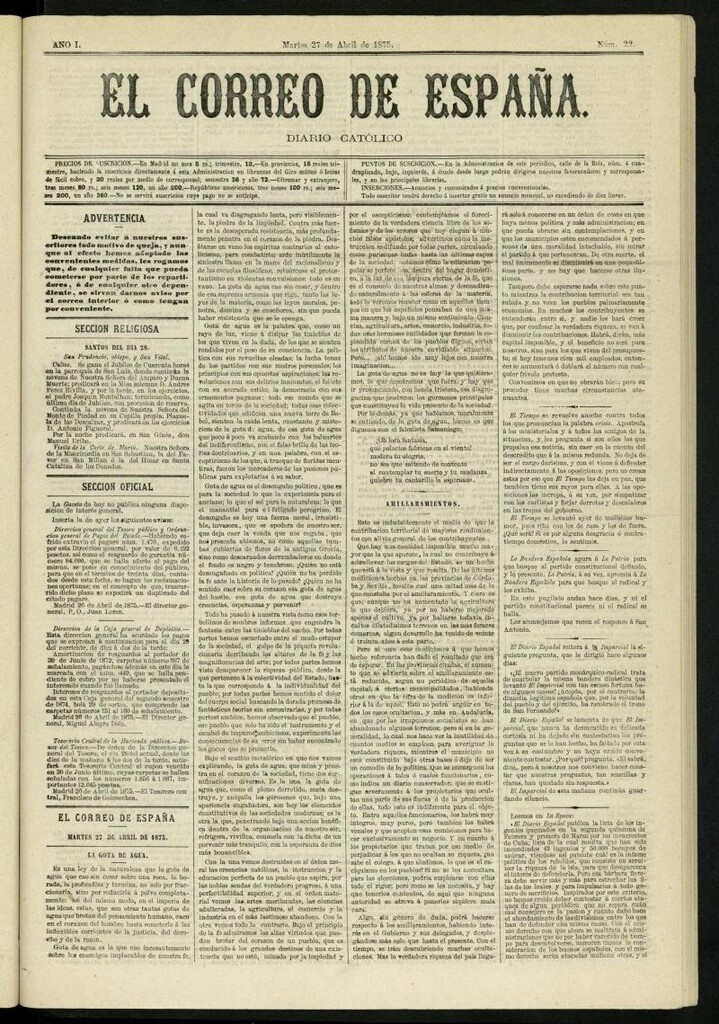 Miniatura de El Correo de España : diario católico del 27 de abril de 1875, nº 22
