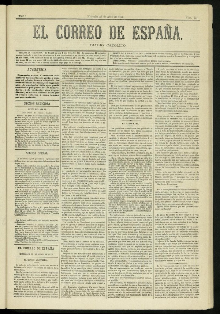 Miniatura de El Correo de España : diario católico del 28 de abril de 1875, nº 23