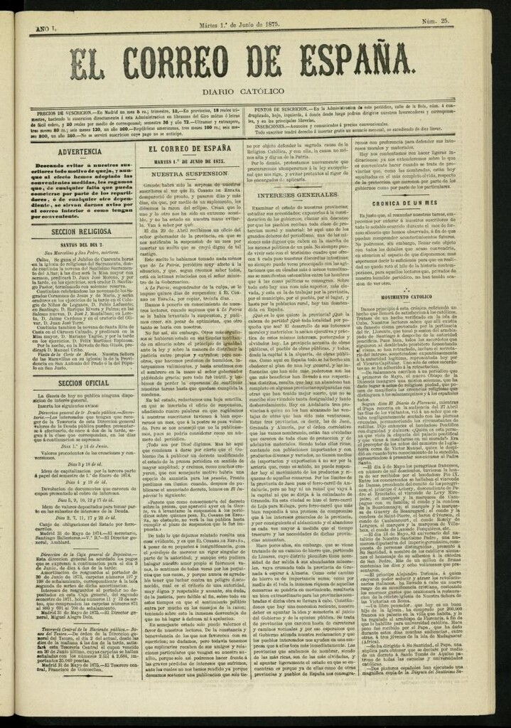 Miniatura de El Correo de España : diario católico del 1 de junio de 1875, nº 25