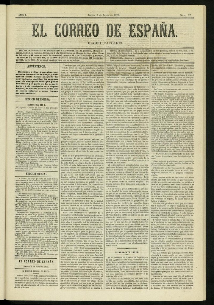 Miniatura de El Correo de España : diario católico del 3 de junio de 1875, nº 27