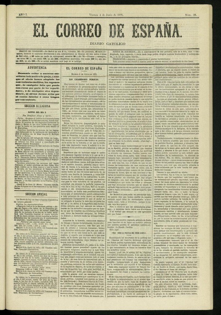 Miniatura de El Correo de España : diario católico del 4 de junio de 1875, nº 28
